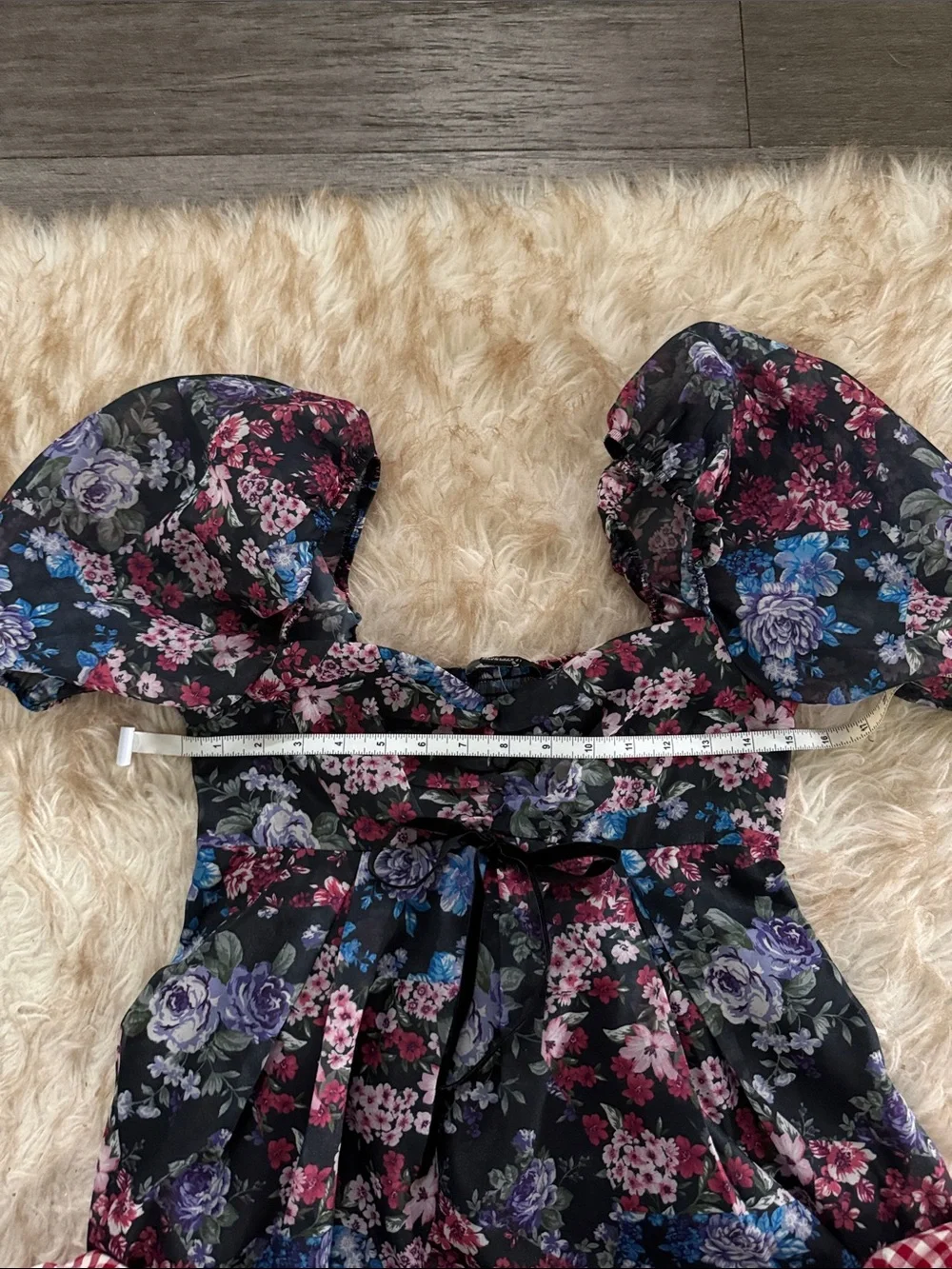 Forever 21 Black Floral Puff-Sleeve Dress with Blue, Purple, and Pink Blooms
